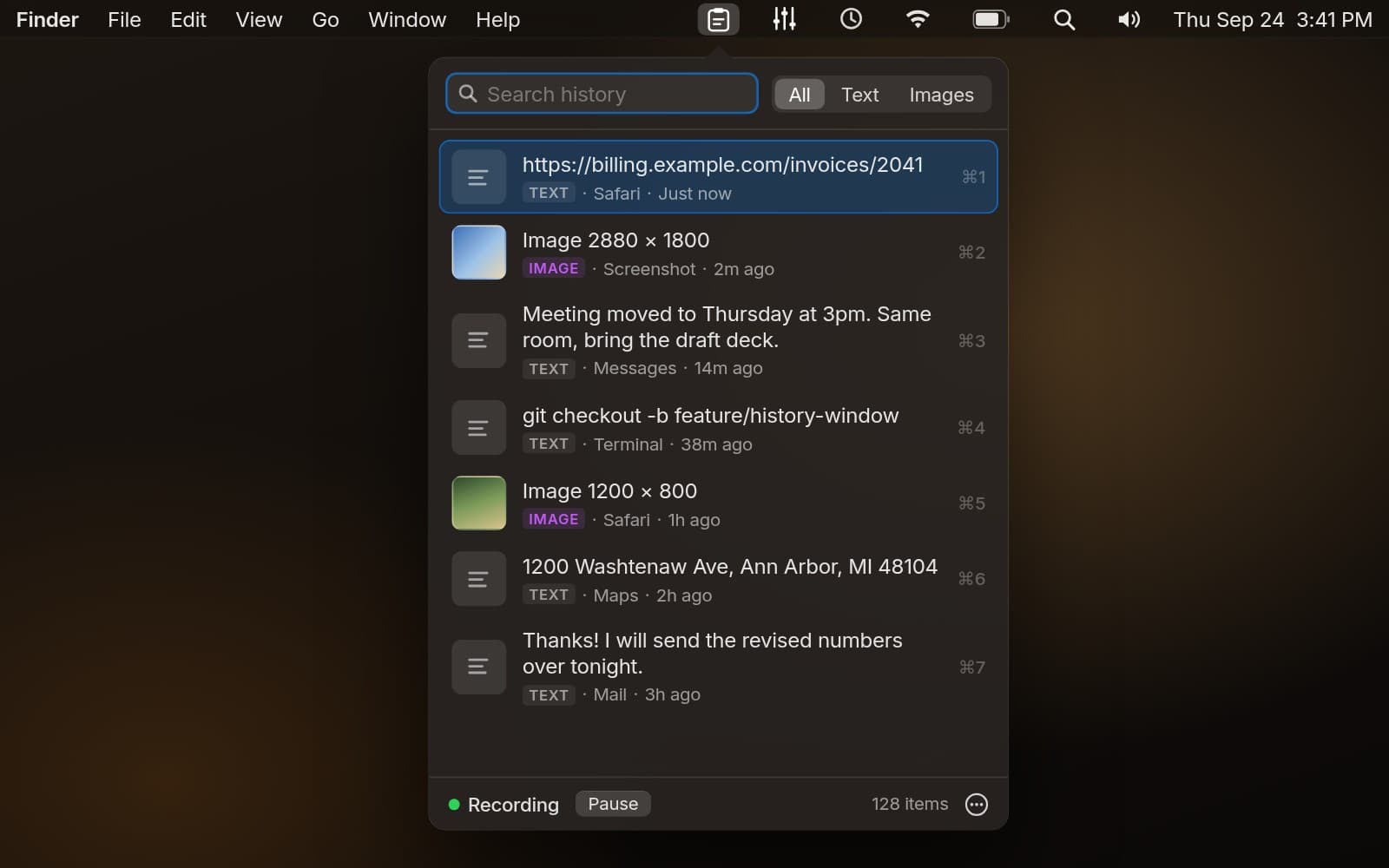 Clipstack popover showing a searchable list of recently copied text and images